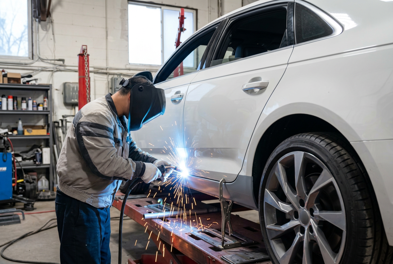 Technician using a slide hammer dent puller on a damaged steel fender during collision repair in Gordonsville VA