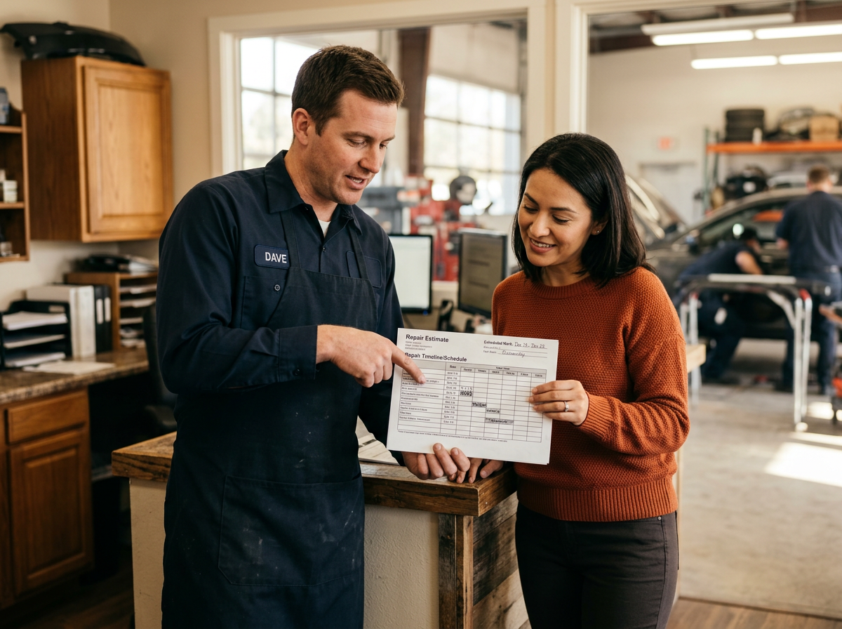 Auto body technician showing a customer a written repair estimate and timeline at the shop front counter