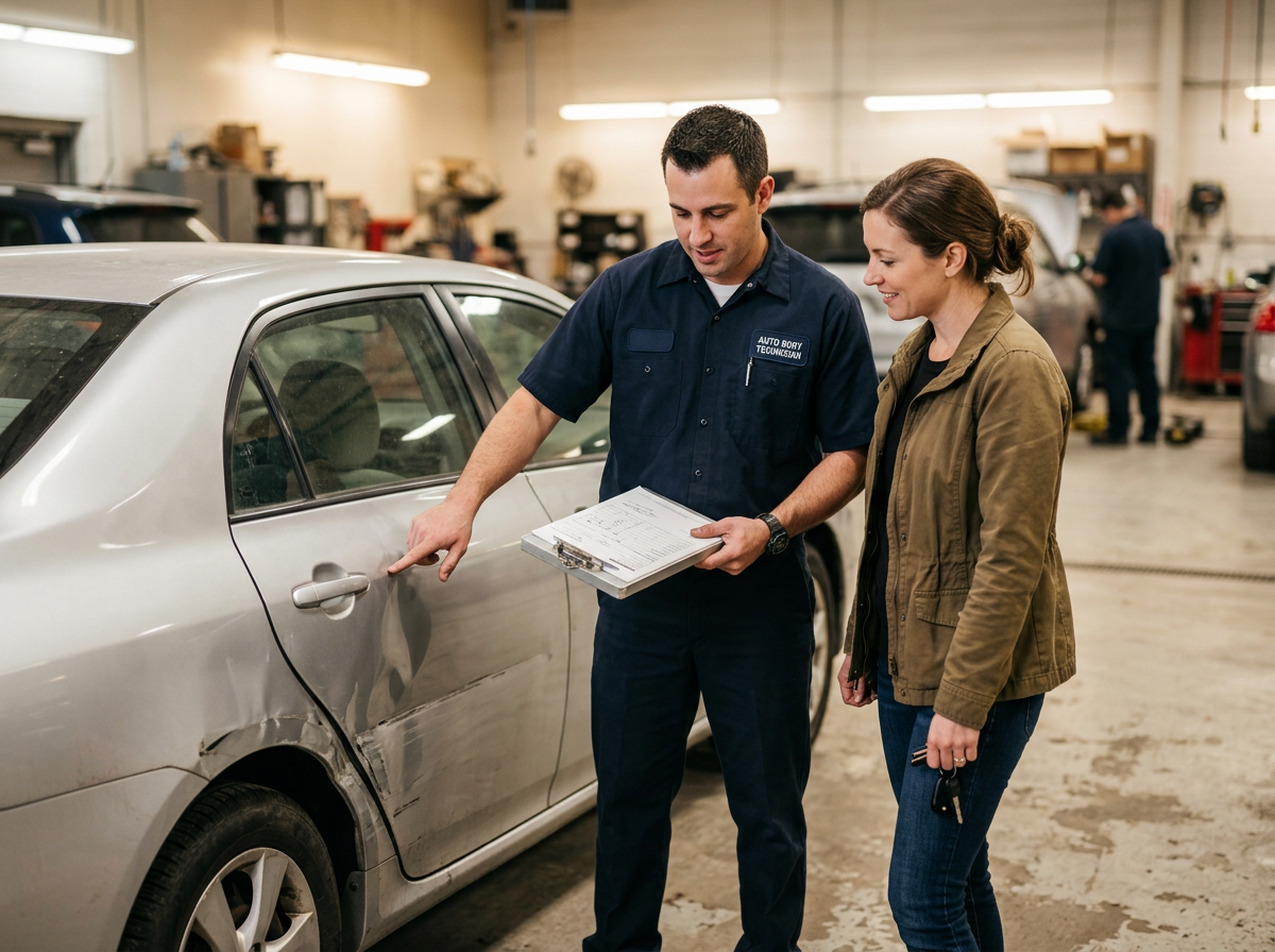 Auto body technician pointing at a dented car door while reviewing a written repair estimate on a clipboard with a customer