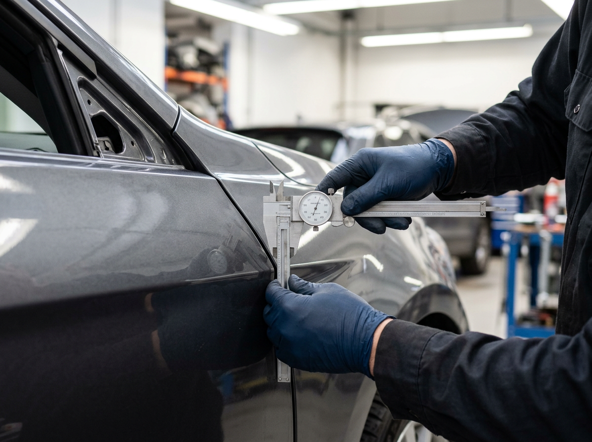 Gloved technician hands measuring panel gap alignment on a grey car door with a dial caliper during quality inspection