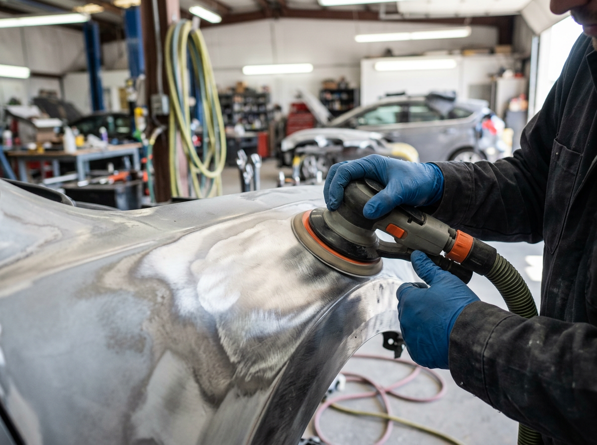 Gloved technician sanding a repaired car panel down to bare metal with a dual-action sander in an auto body shop